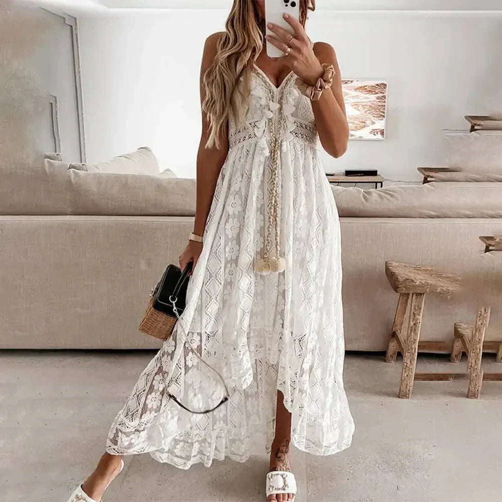Women's Boho Lace Maxi Dress with adjustable straps, romantic lace details, asymmetric hem, and a breezy silhouette.