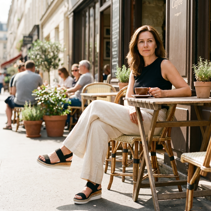 Women's comfort wedge sandals on a sunny beach, ideal casual footwear for summer arch support.