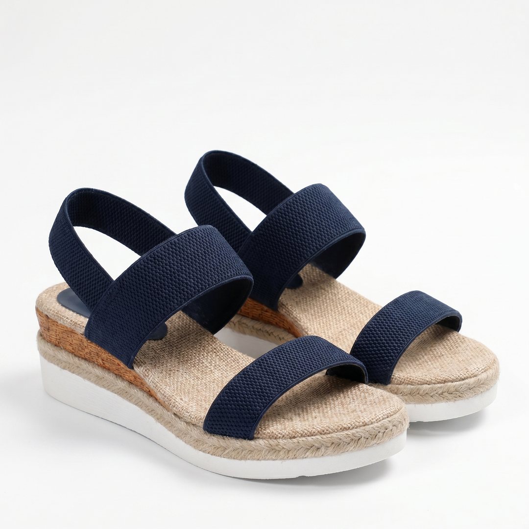 Top-down view of black women's comfort wedge sandals, featuring supportive straps & cushioned footbed.
