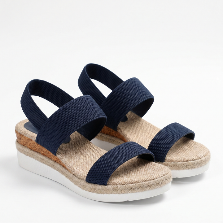Top-down view of black women's comfort wedge sandals, featuring supportive straps & cushioned footbed.