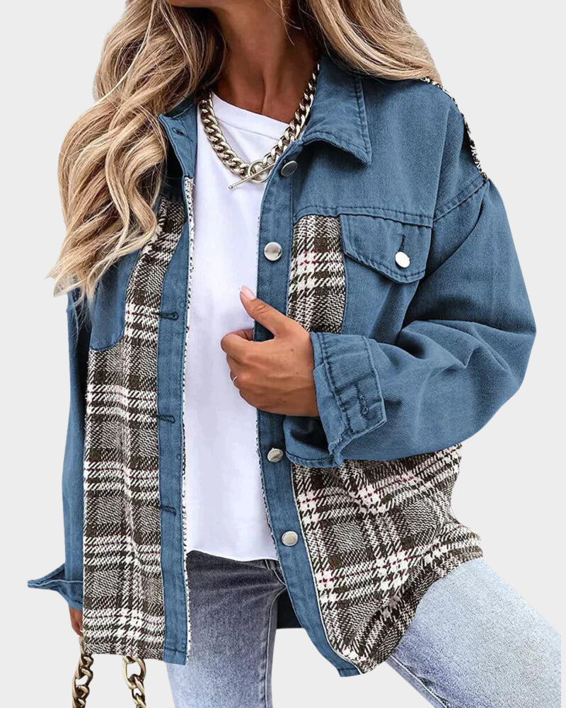 Fashionable women's denim outerwear, chic button-front, long sleeve, relaxed fit for modern style.
