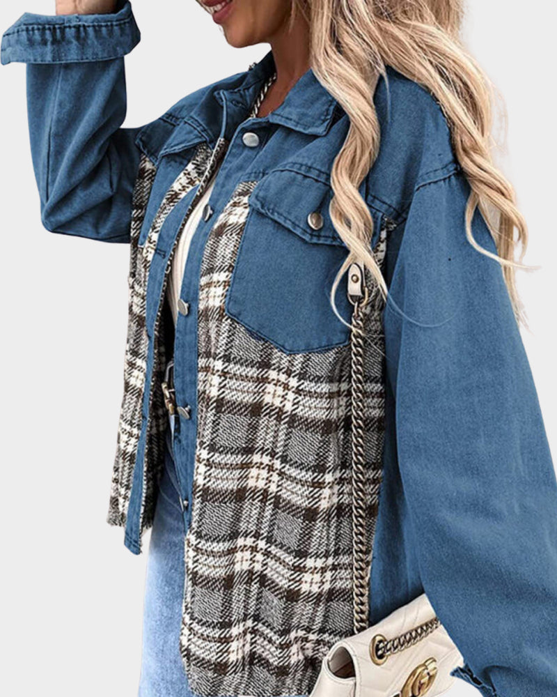 Stylish women's denim jacket, chic button-front top for modern fashion, perfect for everyday wear.