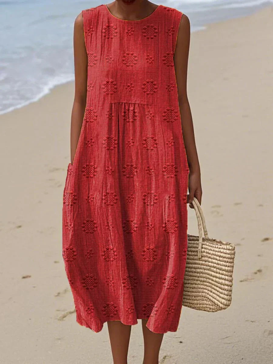 Women's embroidered midi summer dress with side pockets, circular motifs, sleeveless, gathered waist, perfect for warm weathe