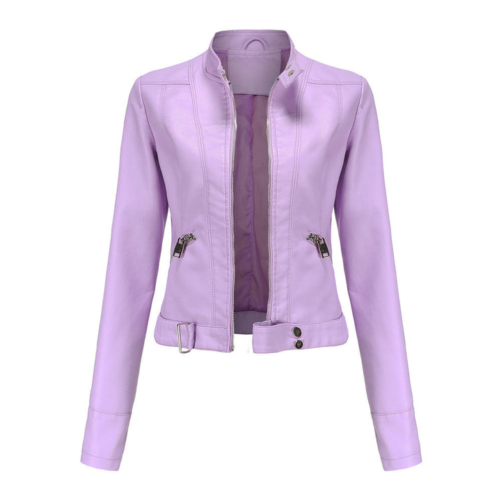 Women's faux leather biker jacket with sleek texture, dual zippers, and flap accents, showcasing a classic edgy style.