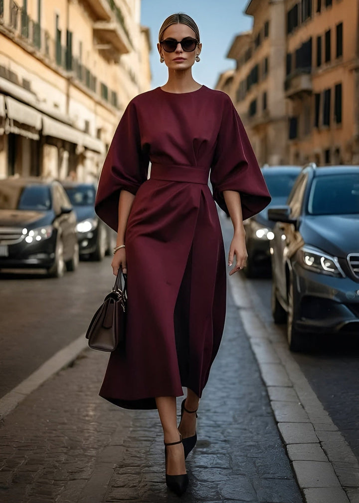 Women's Flowy Belted Maxi Dress with Kimono Sleeves - Lexians