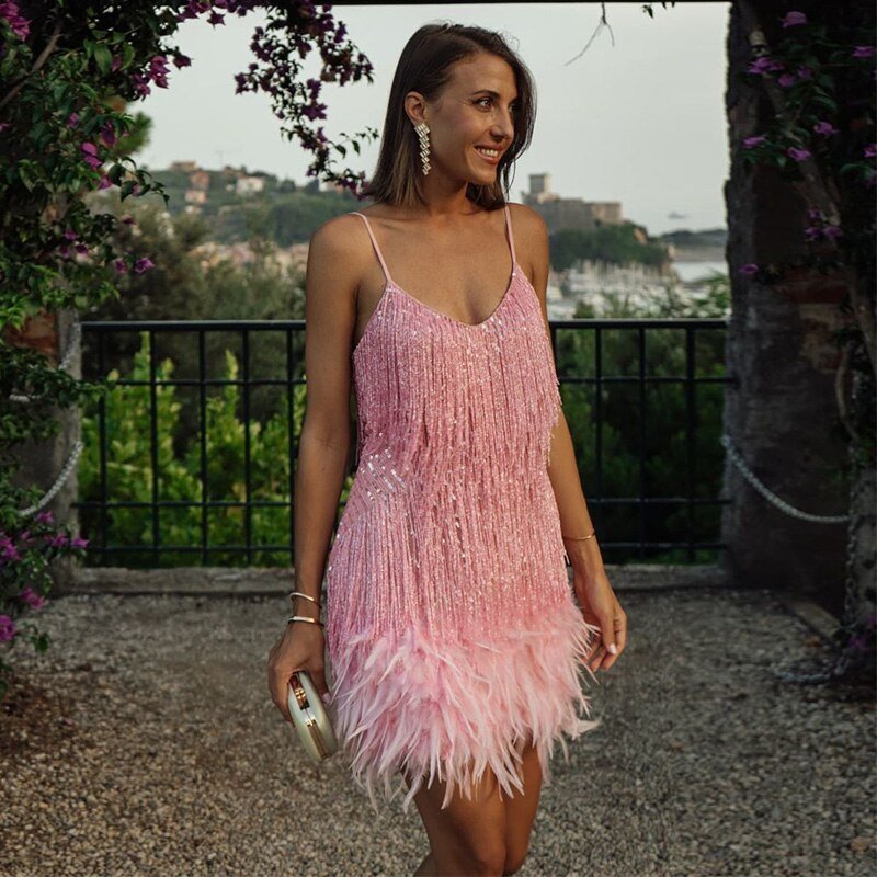 Women's Glamorous Sequin Cocktail Dress with Spaghetti Straps - Lexians