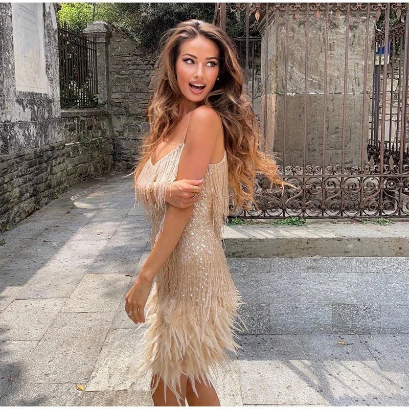 Women's Glamorous Sequin Cocktail Dress with Spaghetti Straps - Lexians