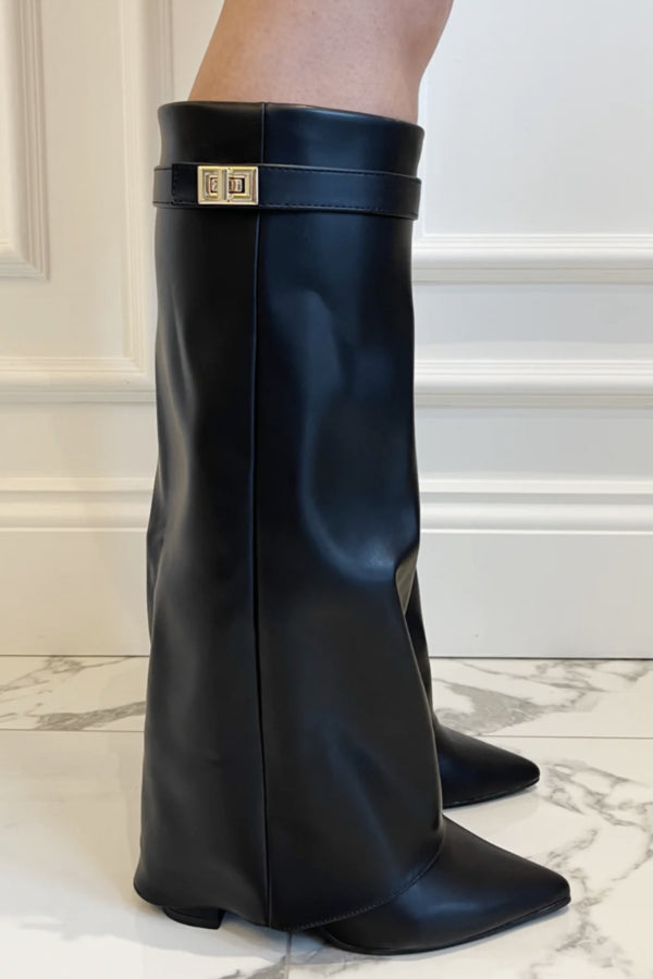 "Women's knee-high flap boots with textured design, pointed toe, block heel, side view for stylish fall fashion."