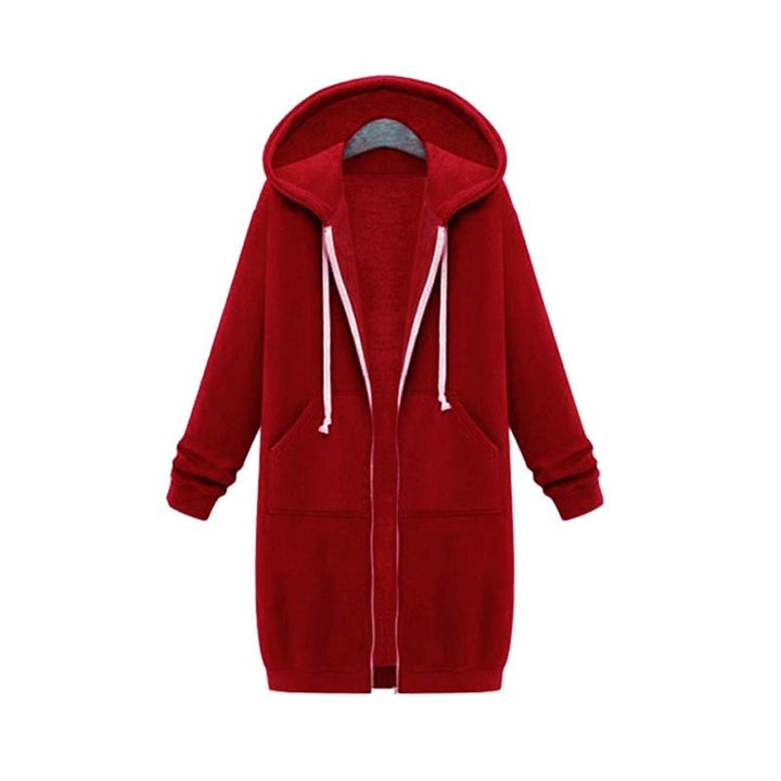 Women's longline zip hoodie with drawstring hood, midweight fabric, extended length, cozy style for cooler seasons.