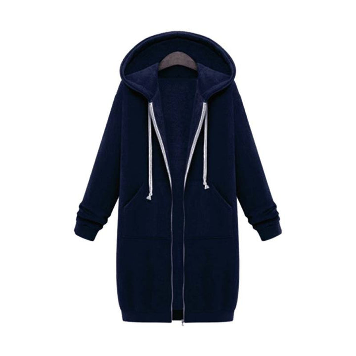 Women's longline zip hoodie with drawstring hood, midweight fabric, extended length, cozy style for cooler seasons.