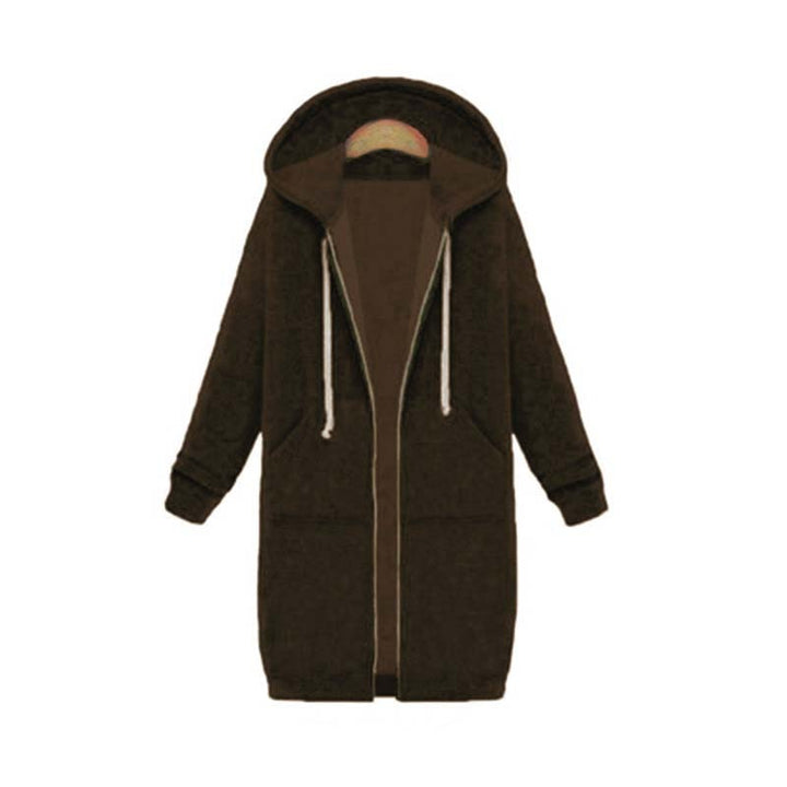 Women's longline zip hoodie with drawstring hood, midweight fabric, extended length, cozy style for cooler seasons.