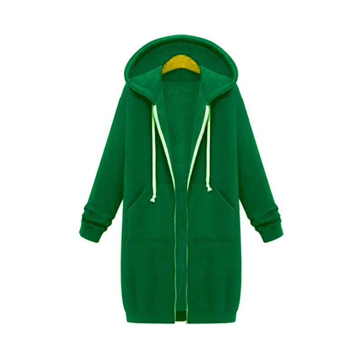 Women's longline zip hoodie with drawstring hood, midweight fabric, extended length, cozy style for cooler seasons.