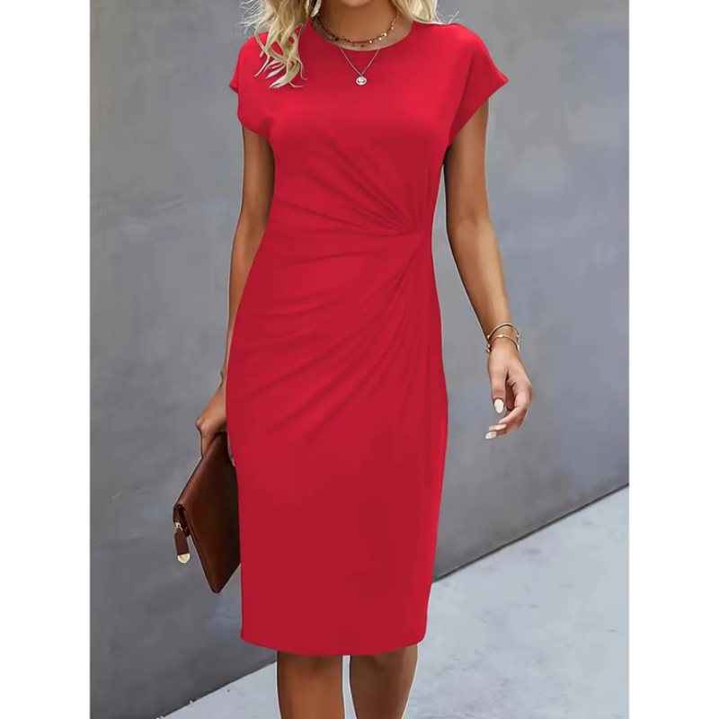 Women's ruched bodycon midi dress, cap sleeves, side ruching, tailored fit, knee-length, chic and elegant style.