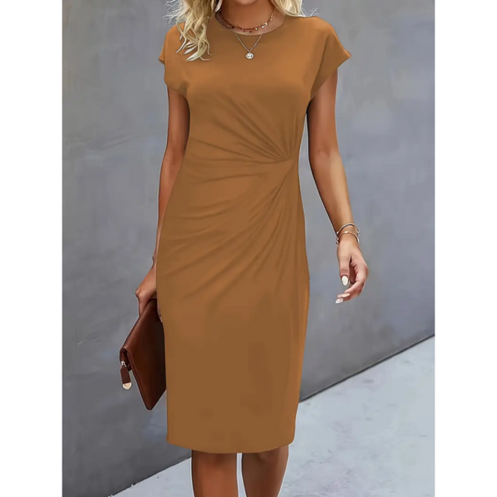Women's ruched bodycon midi dress, cap sleeves, side ruching, tailored fit, knee-length, chic and elegant style.