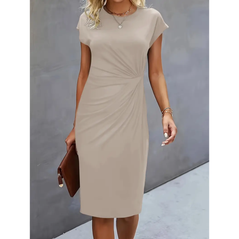 Women's ruched bodycon midi dress, cap sleeves, side ruching, tailored fit, knee-length, chic and elegant style.