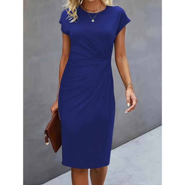 Women's ruched bodycon midi dress, cap sleeves, side ruching, tailored fit, knee-length, chic and elegant style.