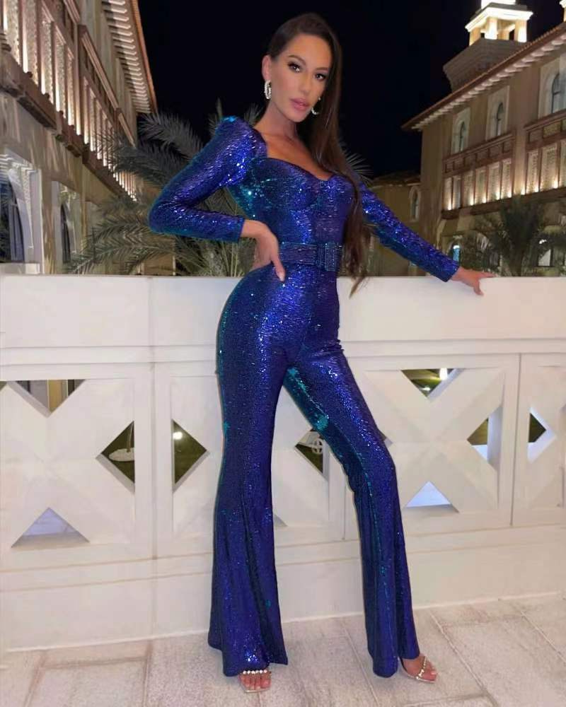 Women's sequin long-sleeved jumpsuit, sparkling design for glamorous occasions, elegant silhouette, tailored for a flattering