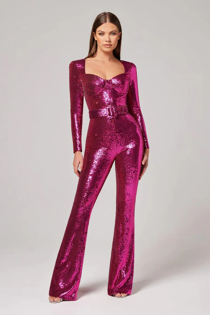 Women's sequin long-sleeved jumpsuit, sparkling design for glamorous occasions, elegant silhouette, tailored for a flattering