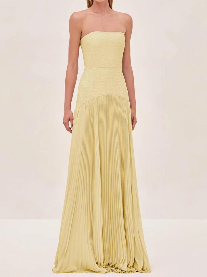 "Women's strapless pleated maxi dress in green and yellow, front view; elegant evening wear with a pleated skirt."