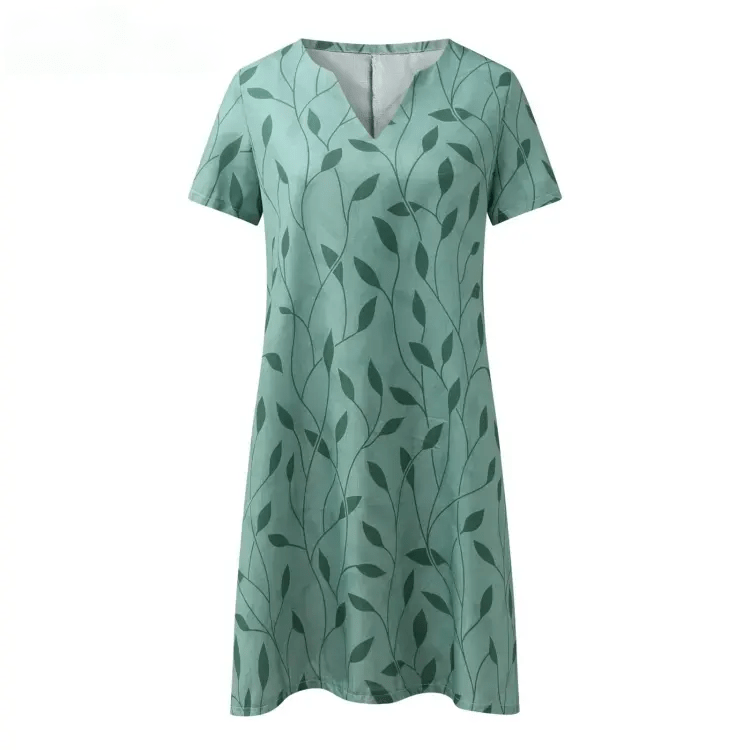 Women's V-Neck printed midi dress with short sleeves, chic silhouette, unique design on sunny outings or casual strolls.