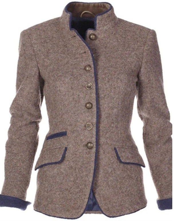 Women's vintage two-tone blazer with stand-up collar, front view. Retro style elevates formal and casual outfits effortlessly