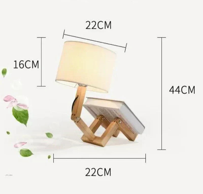 Modern wooden table lamp featuring an adjustable robot design, great for any desk or home office.