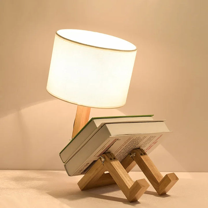 Versatile wooden table lamp with an adjustable robot design, ideal for reading & ambient lighting.