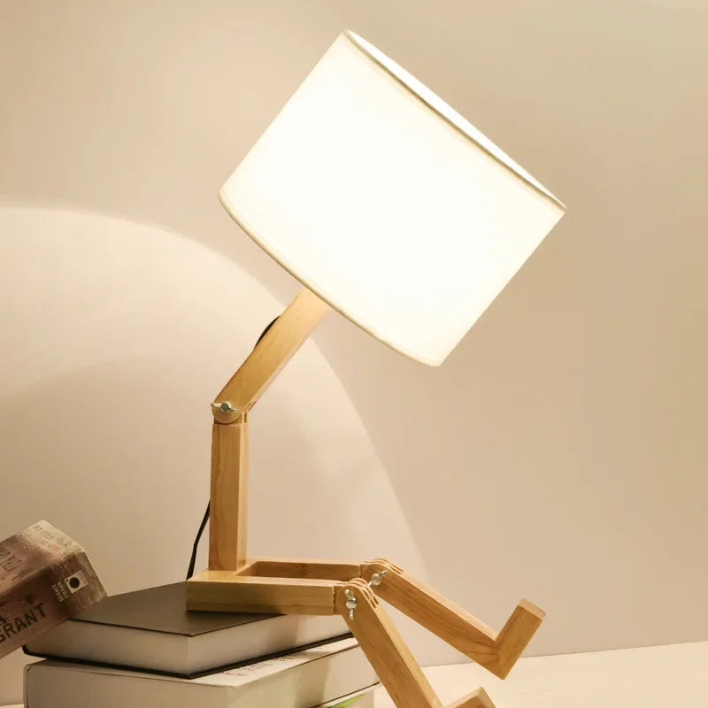 Book holder wooden robot lamp. Adjustable desk lamp, modern home decor & functional reading light.