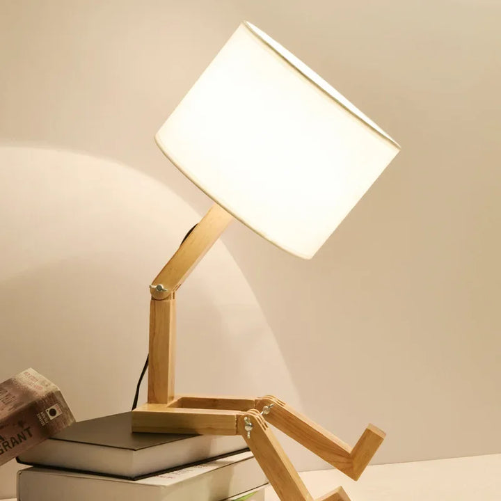 Book holder wooden robot lamp. Adjustable desk lamp, modern home decor & functional reading light.