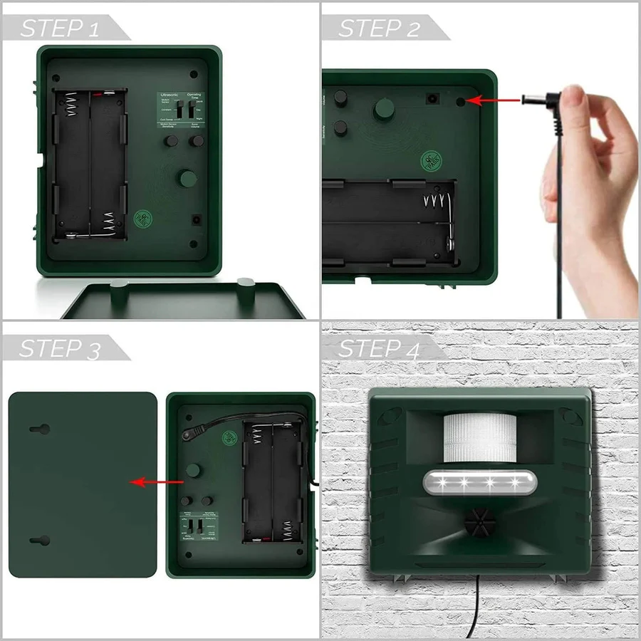 Effective solar-powered ultrasonic woodpecker repeller. Humane outdoor bird and animal deterrent.