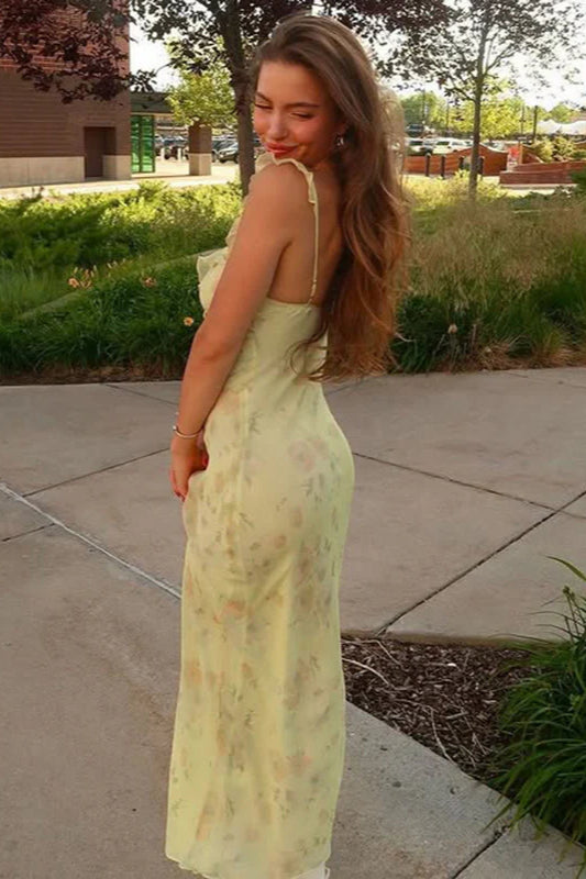 Women's yellow floral spaghetti strap casual maxi dress, great for summer, beach, or elegant wear.