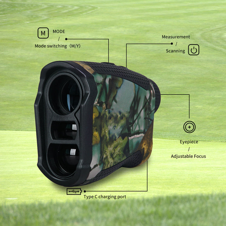 Versatile outdoor laser rangefinder, 6.5x magnification, rechargeable, for precision golf and hunting.