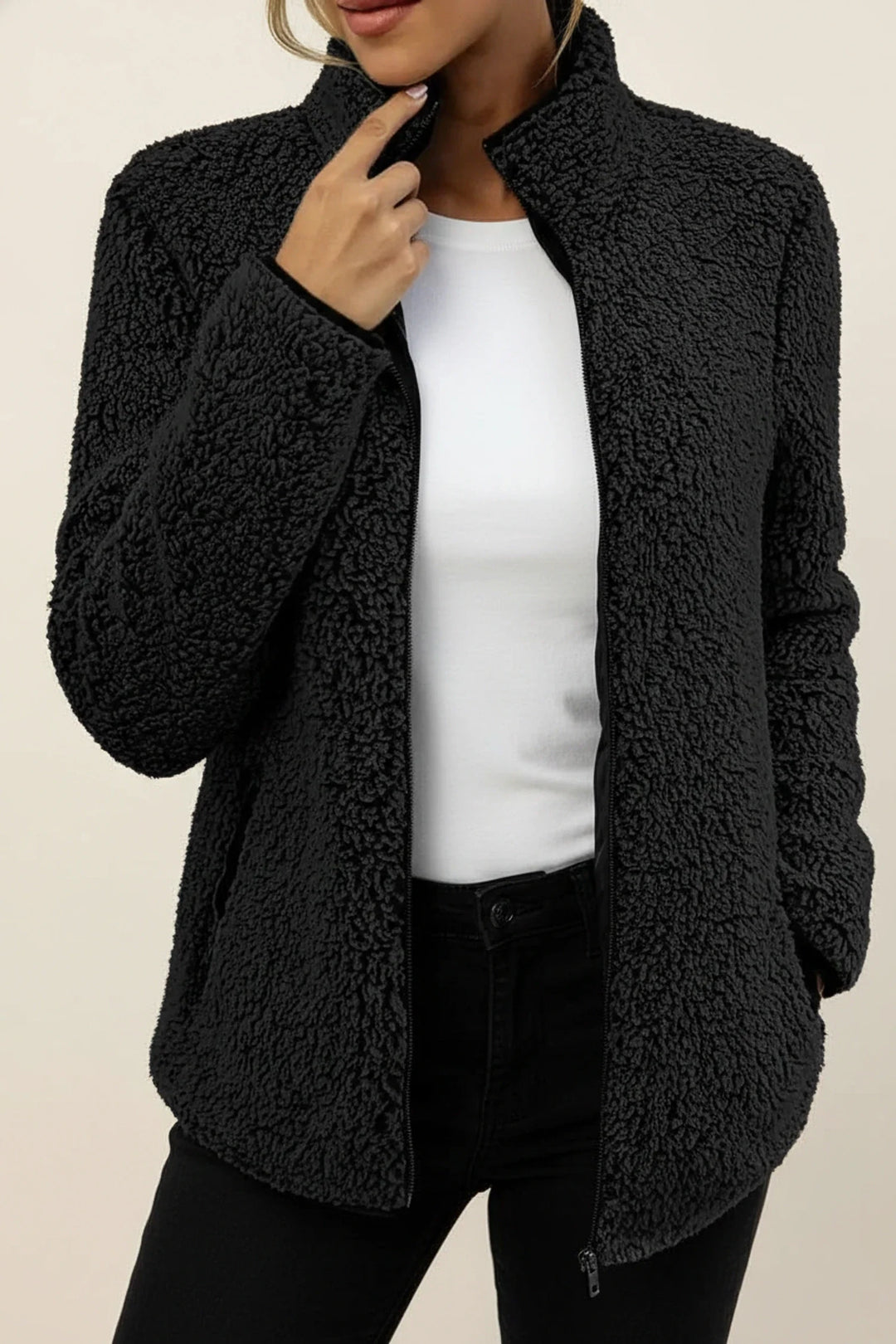 Soft plush women's jacket, incredibly cozy winter outerwear with a relaxed fit, perfect for warmth and comfort.