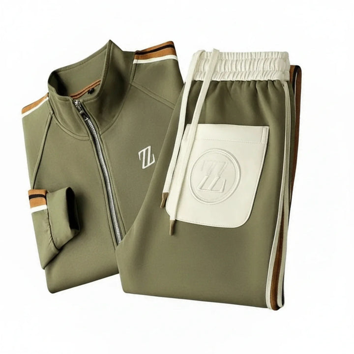 Front view of a men's comfortable zip-up track jacket paired with matching joggers.